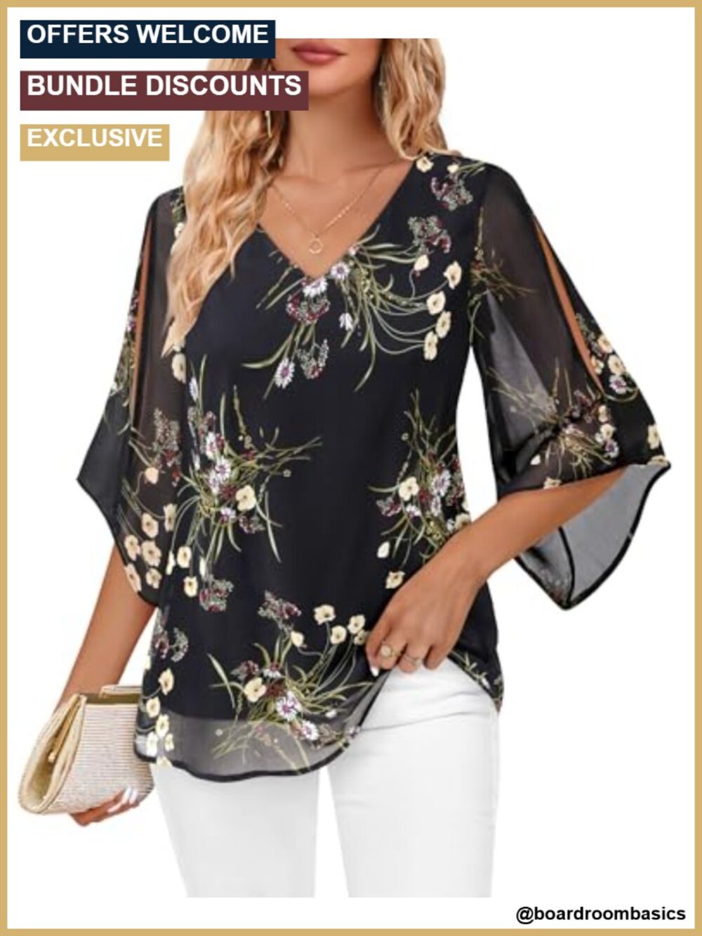 Chiffon Blouse Double Layers Ruffle 3/4 Split Sleeve V Neck Dressy Tunic Top